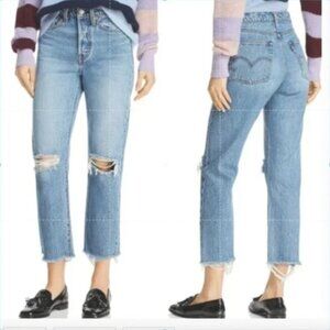 Levi's Wedgie High Rise Ankle Frayed Raw Hem Distressed Light Blue Wash Size 25